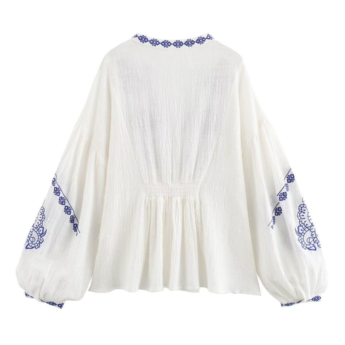 Women's Cotton Fabric Beaded Embroidered V Neck Long Sleeve Shirt Top
