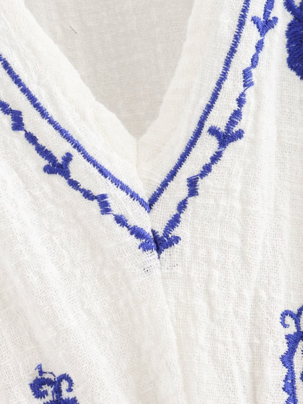 Women's Cotton Fabric Beaded Embroidered V Neck Long Sleeve Shirt Top