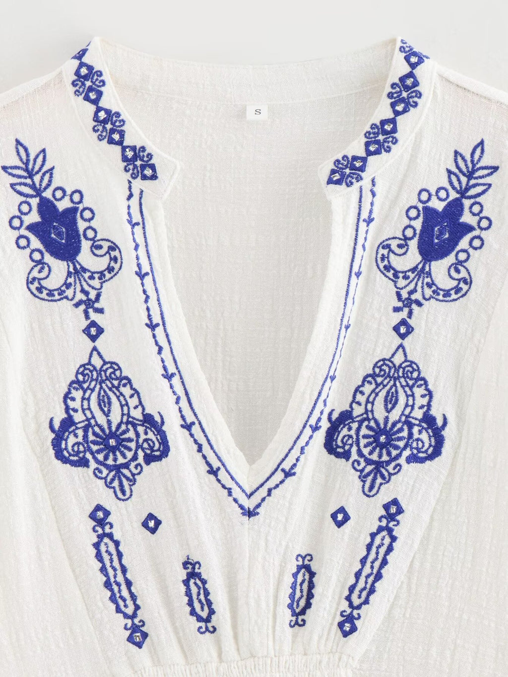 Women's Cotton Fabric Beaded Embroidered V Neck Long Sleeve Shirt Top