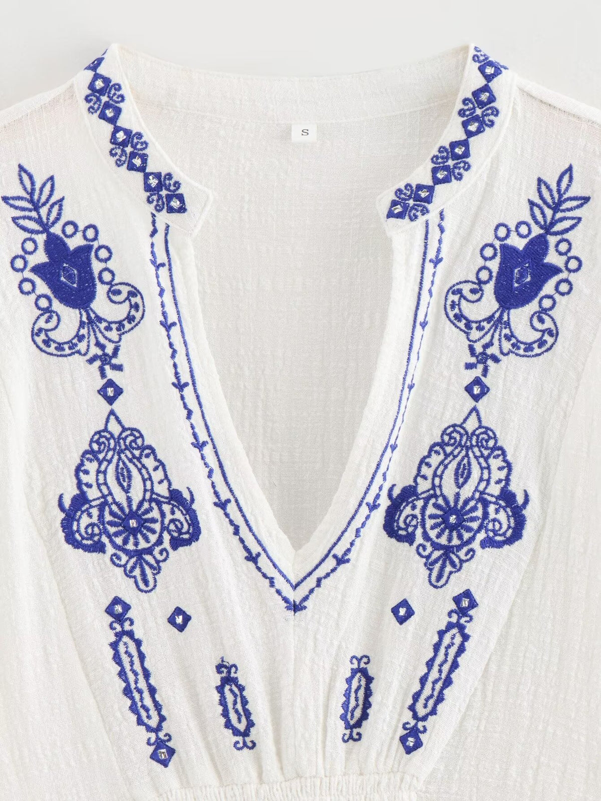 Women's Cotton Fabric Beaded Embroidered V Neck Long Sleeve Shirt Top