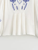 Women's Cotton Fabric Beaded Embroidered V Neck Long Sleeve Shirt Top