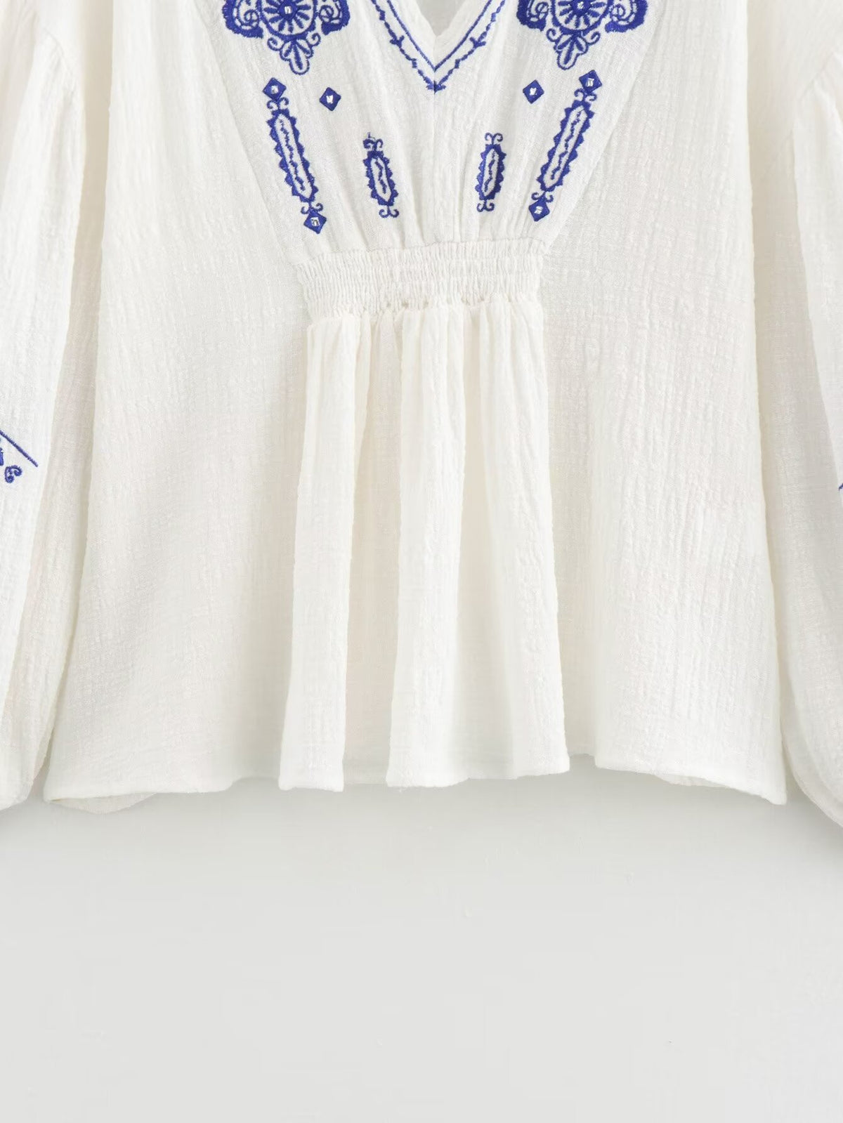 Women's Cotton Fabric Beaded Embroidered V Neck Long Sleeve Shirt Top