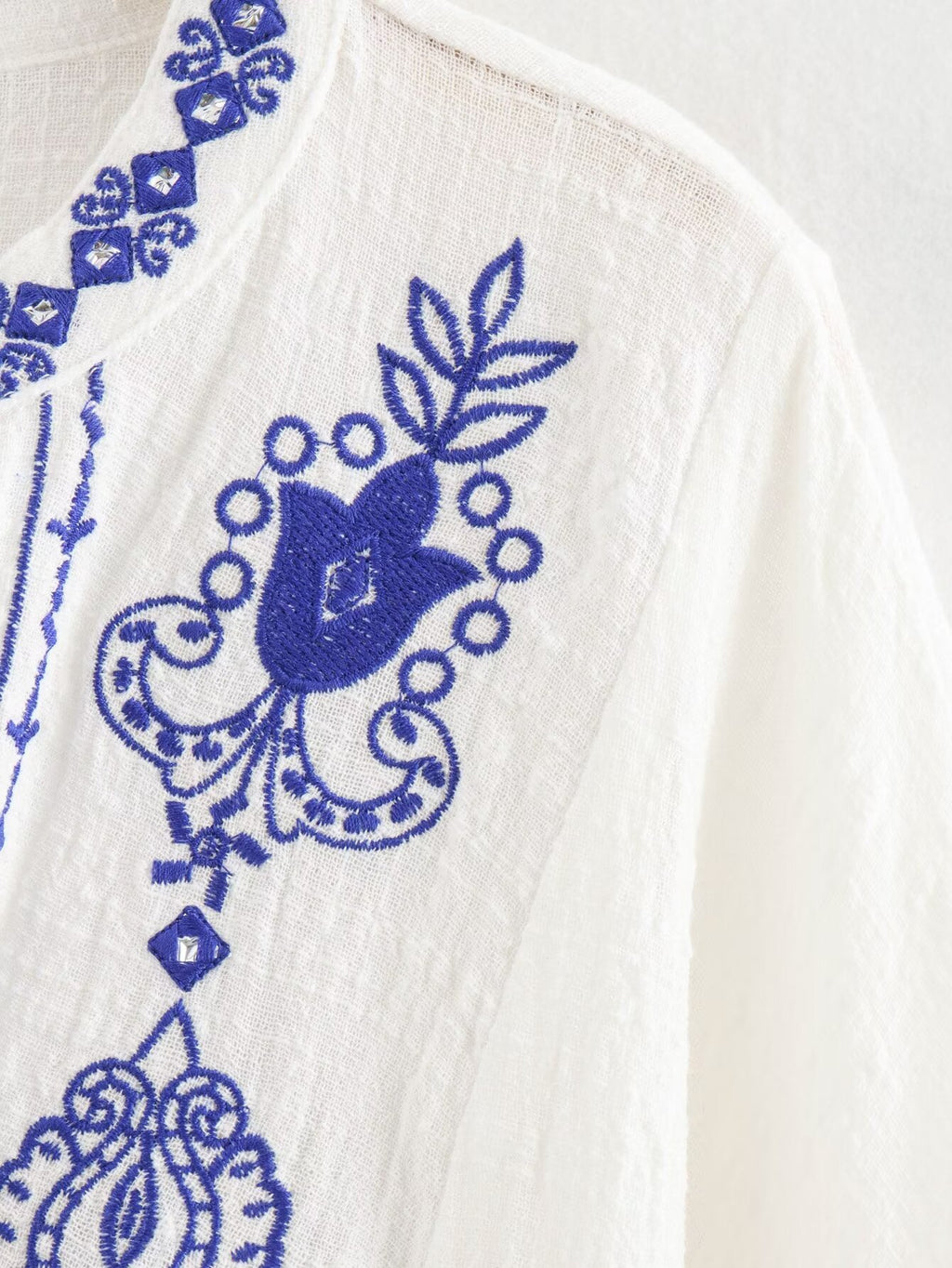 Women's Cotton Fabric Beaded Embroidered V Neck Long Sleeve Shirt Top