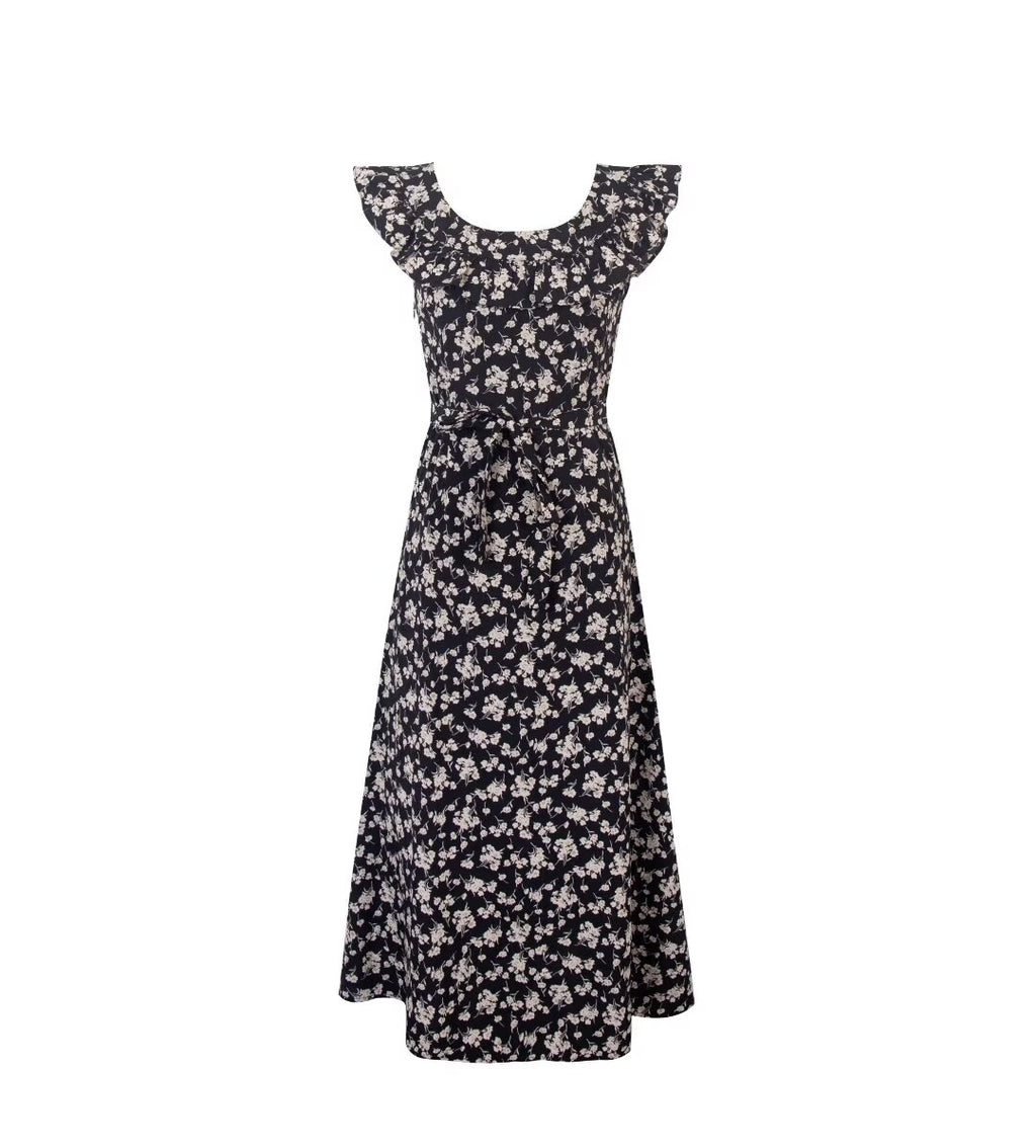 Black Floral Ruffle Midi Dress