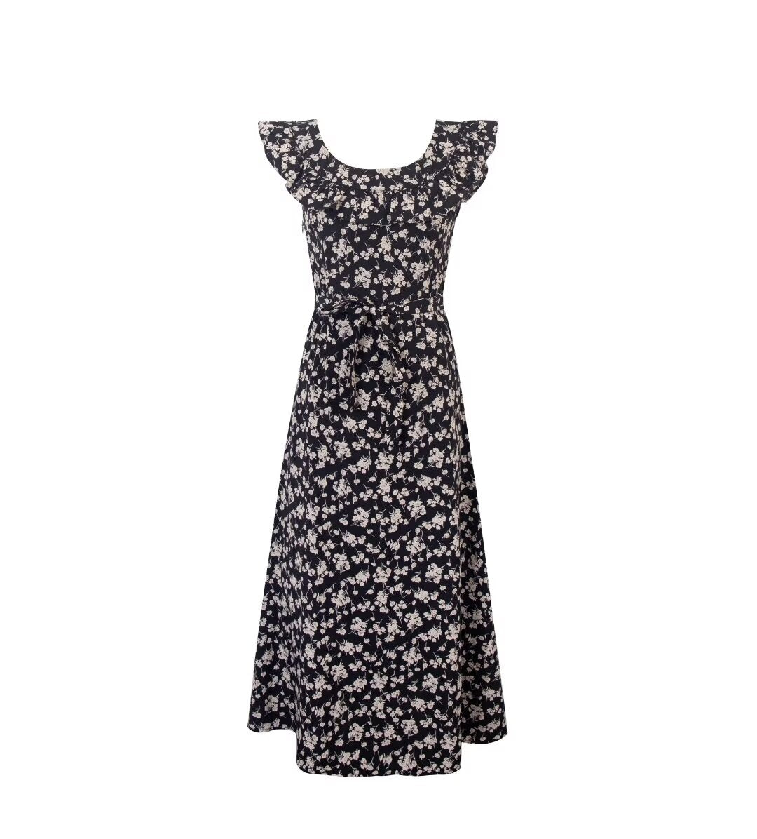 Black Floral Ruffle Midi Dress