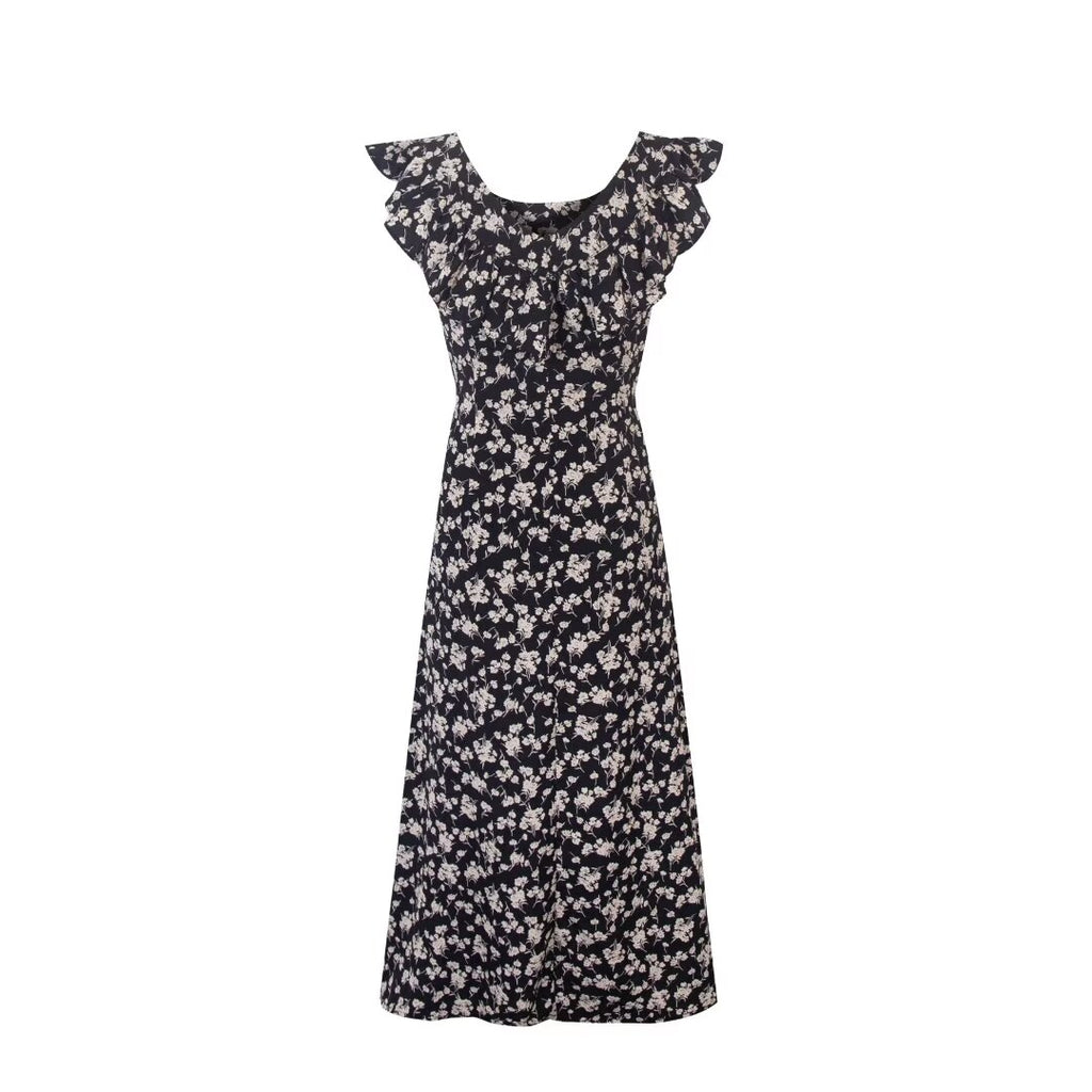 Black Floral Ruffle Midi Dress