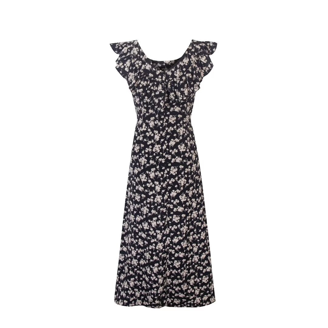 Black Floral Ruffle Midi Dress