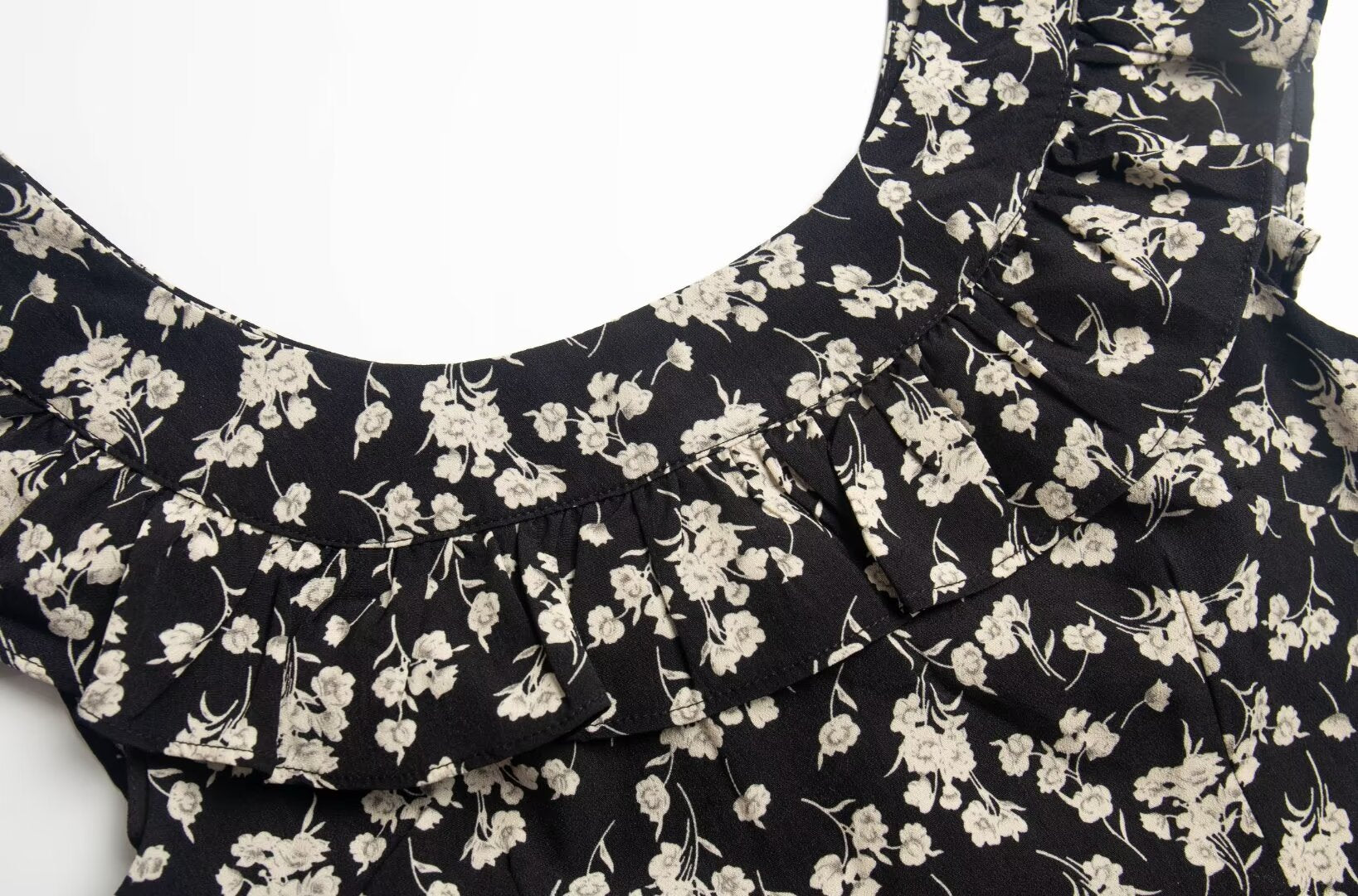 Black Floral Ruffle Midi Dress