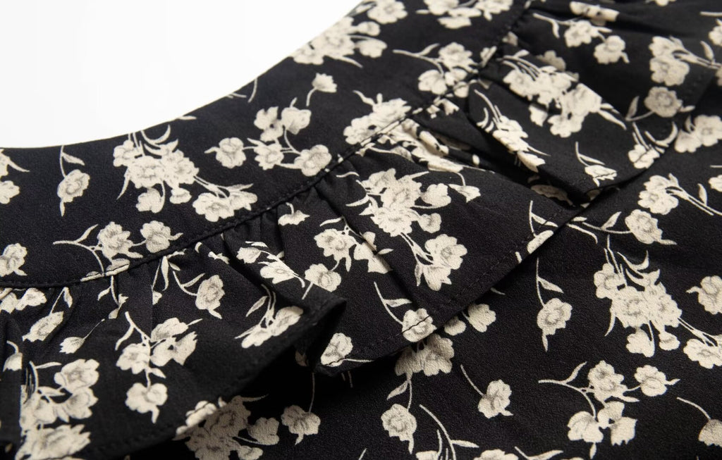 Black Floral Ruffle Midi Dress
