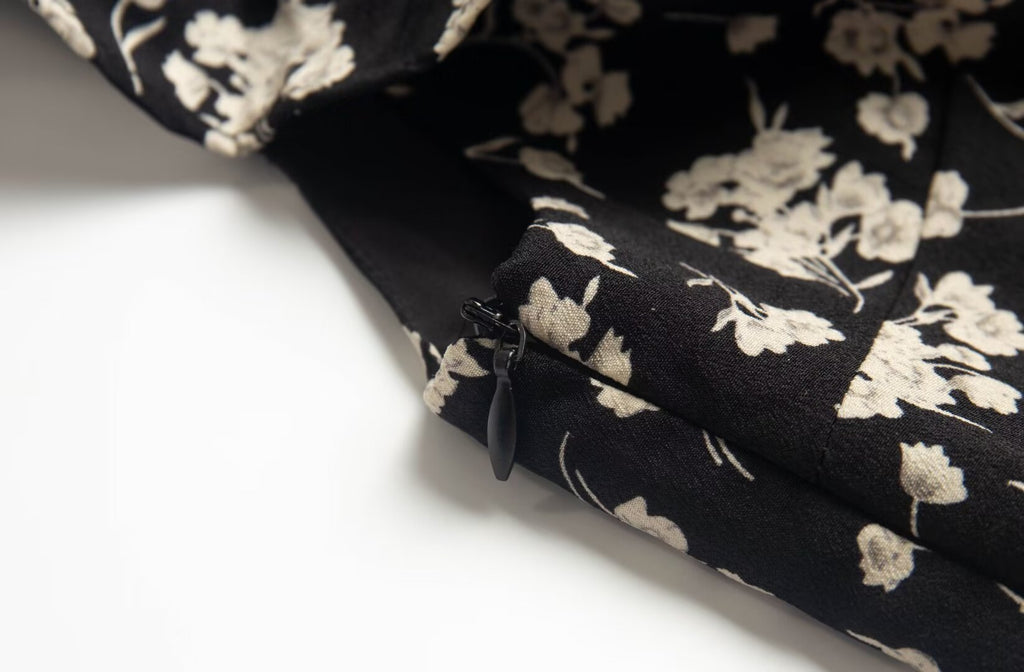 Black Floral Ruffle Midi Dress