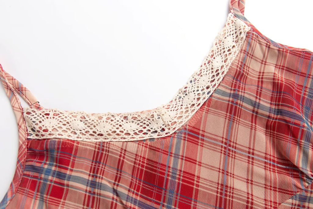 Vintage Red-Grid V-Neck Slip Dress