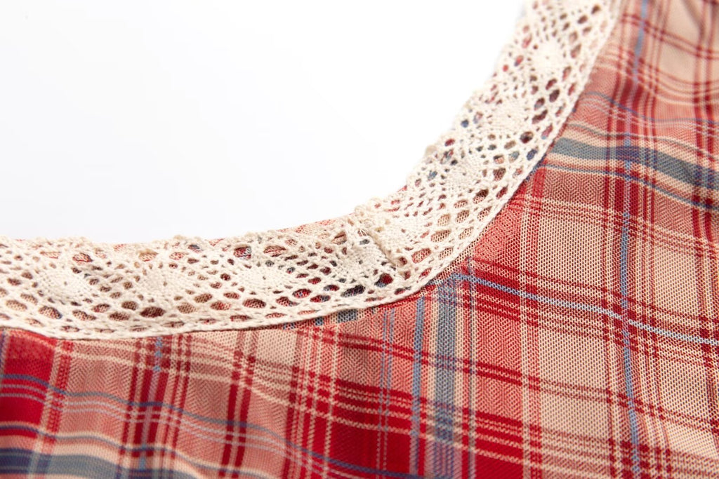 Vintage Red-Grid V-Neck Slip Dress