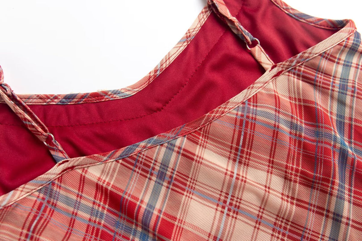Vintage Red-Grid V-Neck Slip Dress