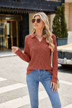 Solid Polo Collar Pocket Long Sleeve Top