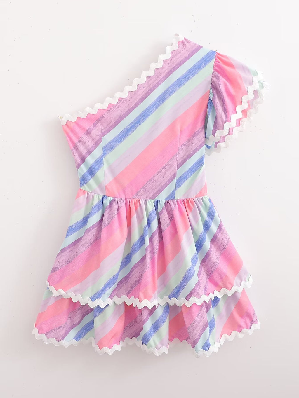 Ribbon Patchwork Stripes Shoulder Tiered Dress