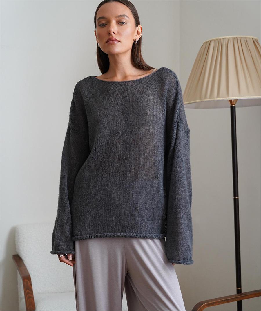 Women's Openwork Knitted Top Round Neck See Through Thin Sweater