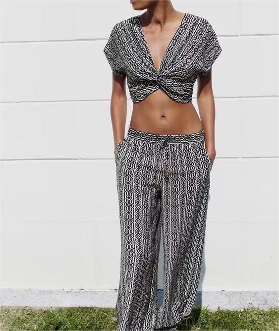 Women's With Knot Printing Cutting Top Trousers