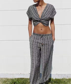 Women's With Knot Printing Cutting Top Trousers