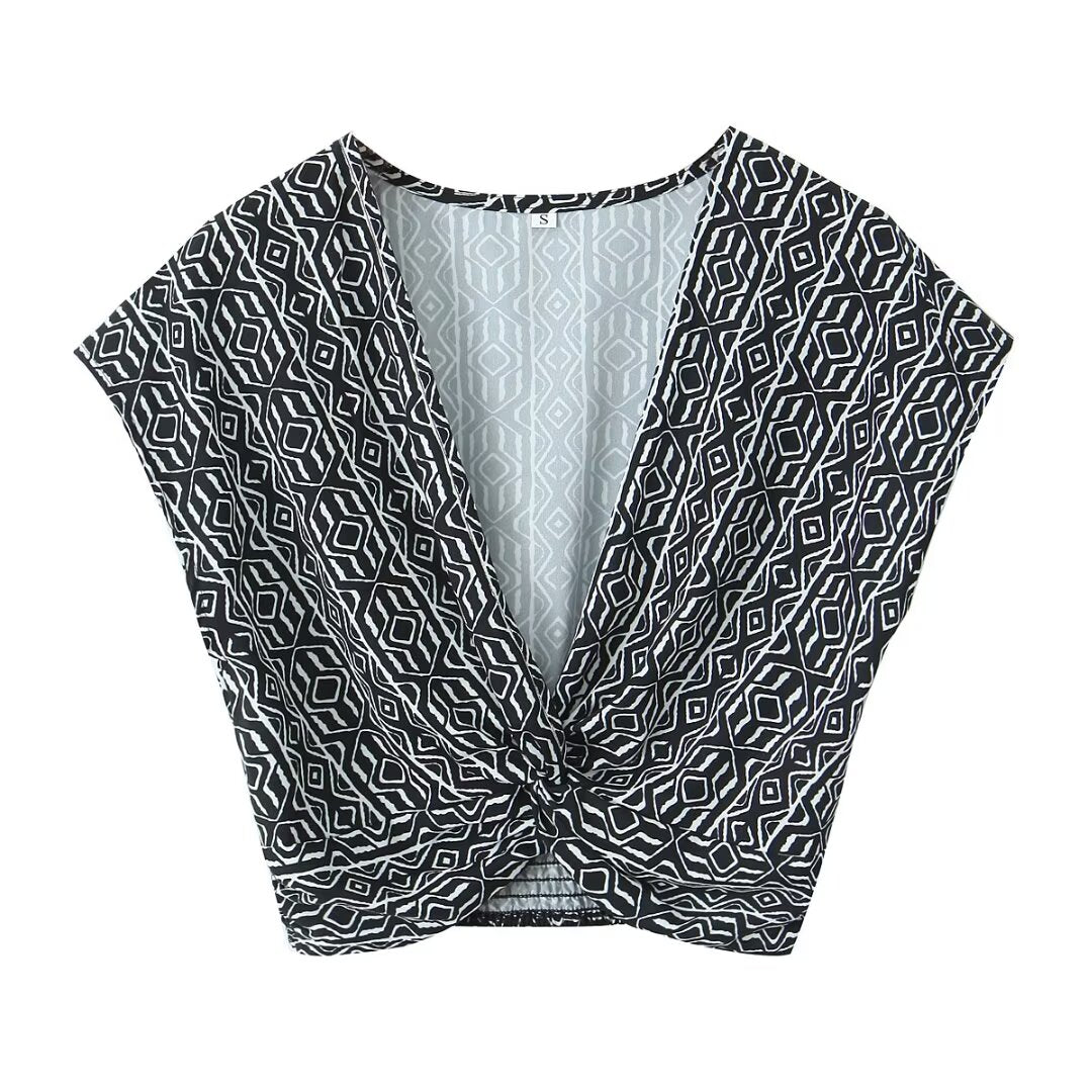 Women's With Knot Printing Cutting Top Trousers
