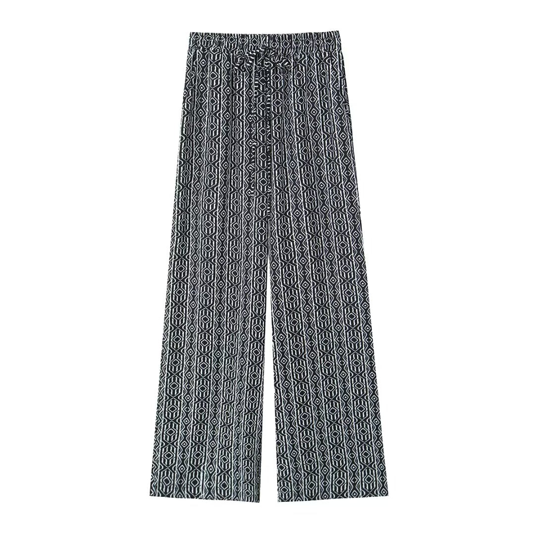 Women's With Knot Printing Cutting Top Trousers