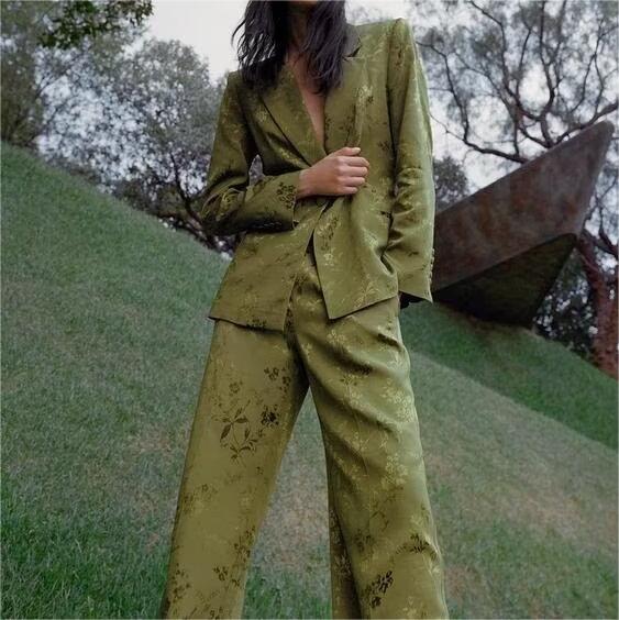Jacquard Straight Leg Pants Bowknot Decoration Jacquard Blazer Set