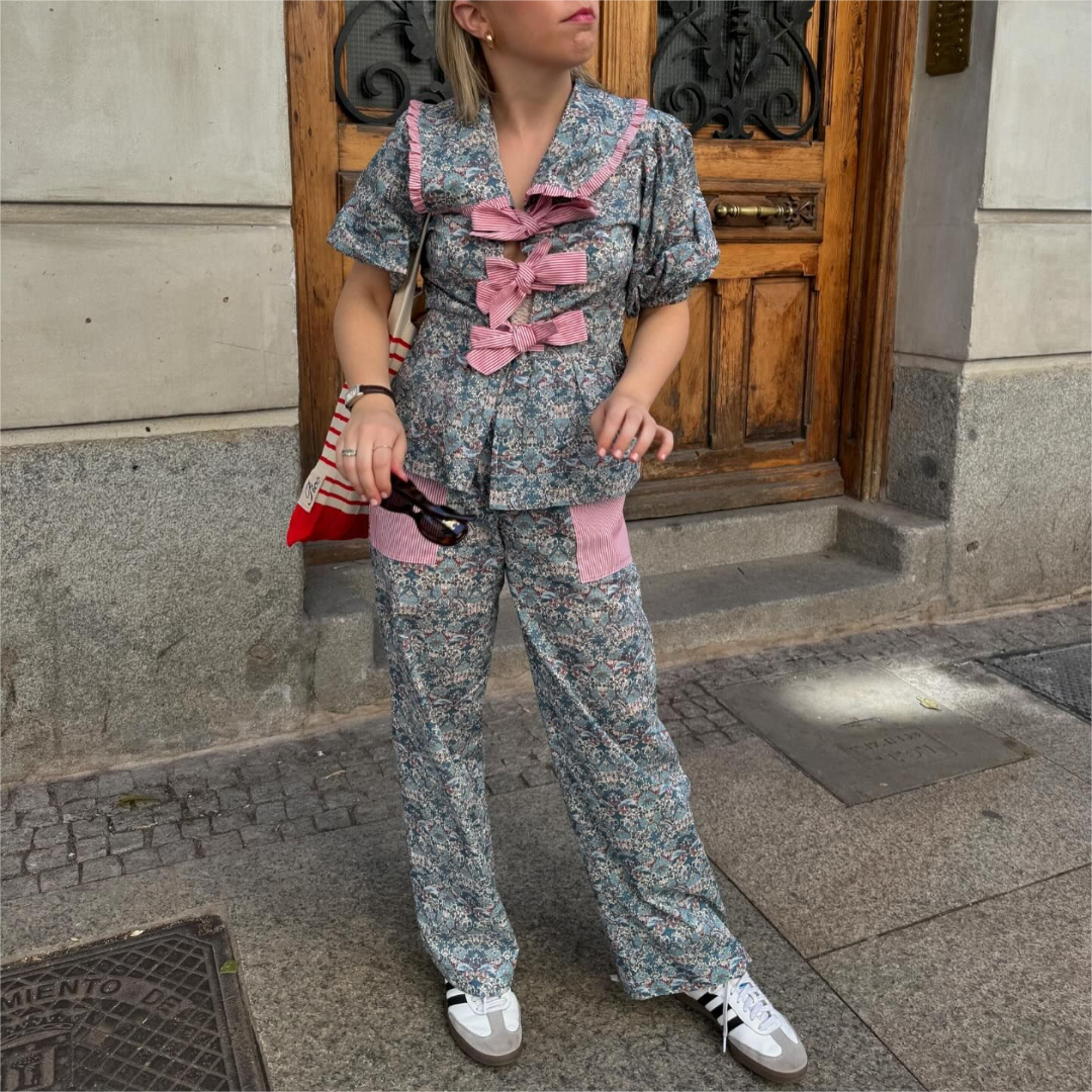 Women's Doll Collar Bow Print Top Contrast Color Casual Trousers Suit