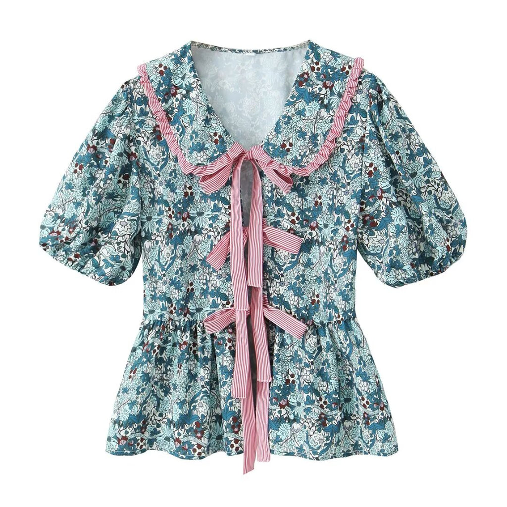 Women's Doll Collar Bow Print Top Contrast Color Casual Trousers Suit