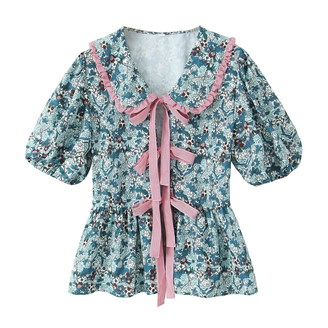 Women's Doll Collar Bow Print Top Contrast Color Casual Trousers Suit