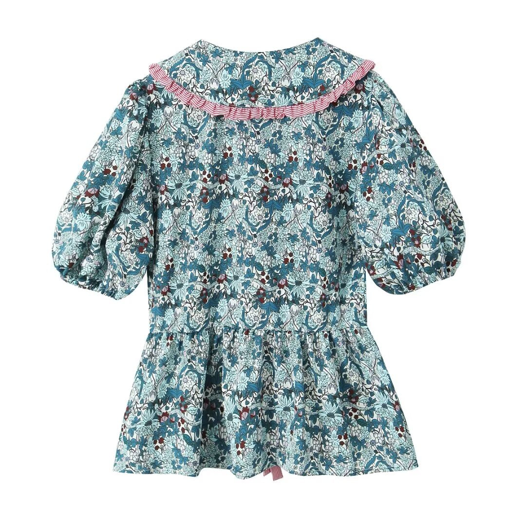 Women's Doll Collar Bow Print Top Contrast Color Casual Trousers Suit