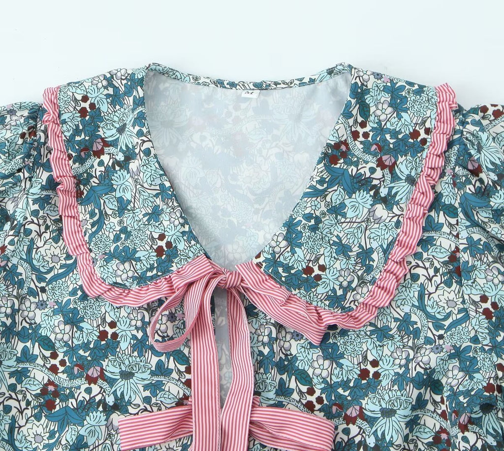 Women's Doll Collar Bow Print Top Contrast Color Casual Trousers Suit