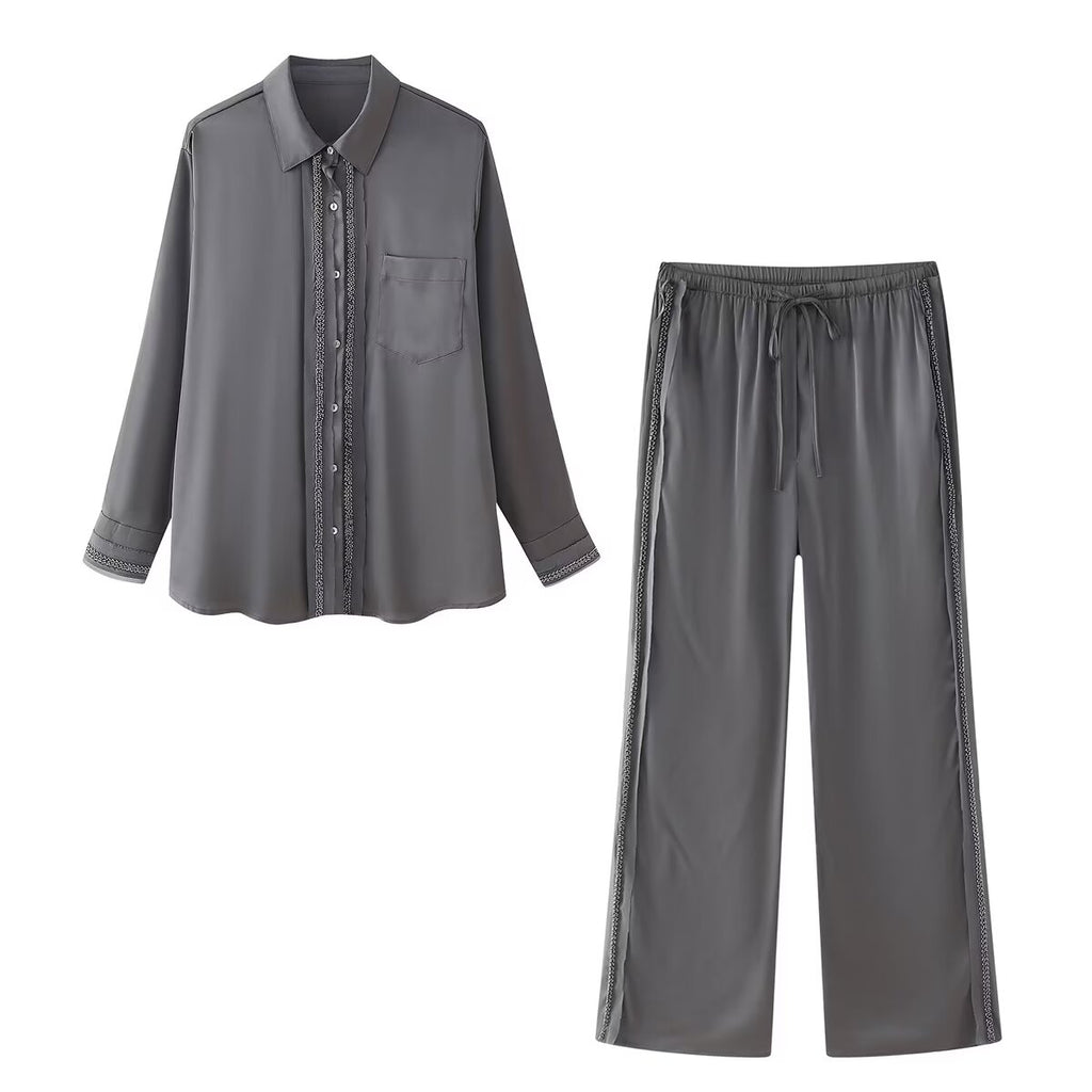 Summer Embroidered Beaded Decorative Silk Satin Textured Shirt Elastic Waist Pants Set