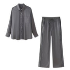 Summer Embroidered Beaded Decorative Silk Satin Textured Shirt Elastic Waist Pants Set