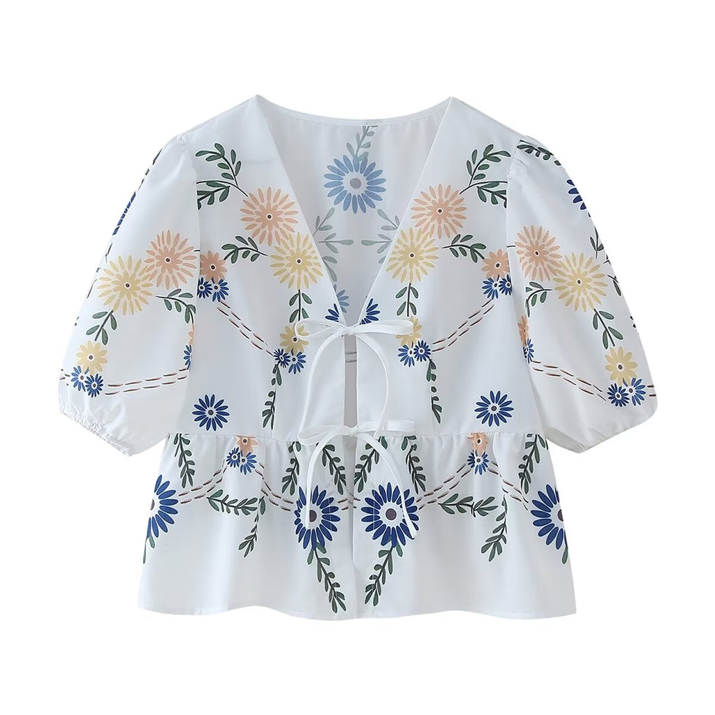 Women's Clothing Summer Street Printed V Neck Lace Up Short Sleeve Top