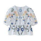 Women's Clothing Summer Street Printed V Neck Lace Up Short Sleeve Top