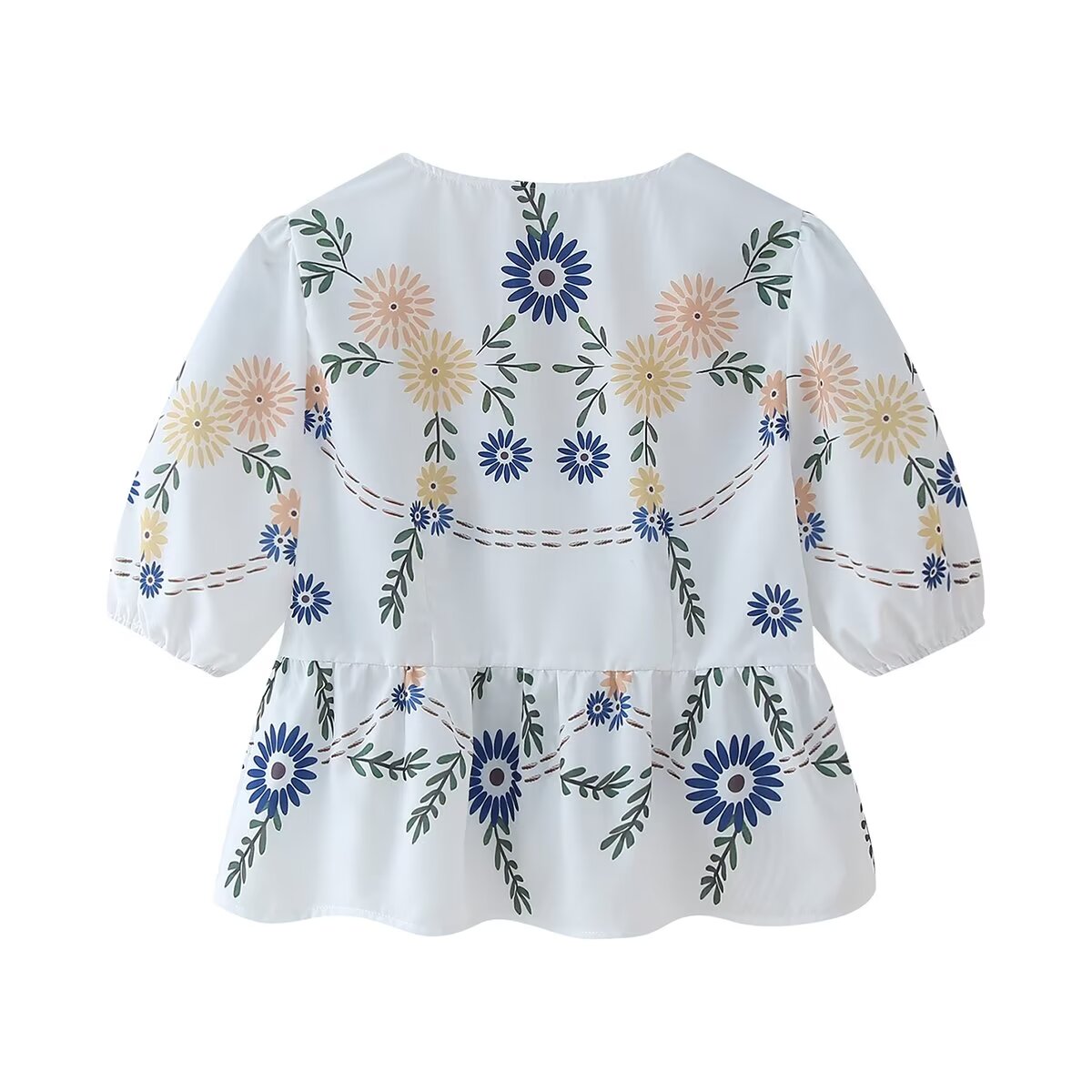 Women's Clothing Summer Street Printed V Neck Lace Up Short Sleeve Top