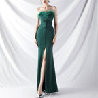 Women's Art Bag Buckle Hand Ordered Ostrich Feather Satin Long Evening Dress