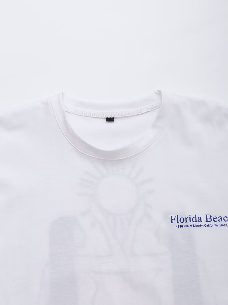 Women's Simple Casual All Match Round Neck Pullover Short Sleeve Printed Cotton T Shirt