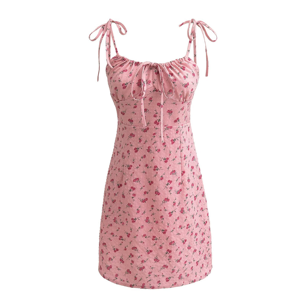 Rose Lace-Up Sleeveless Waist Floral Holiday Dress