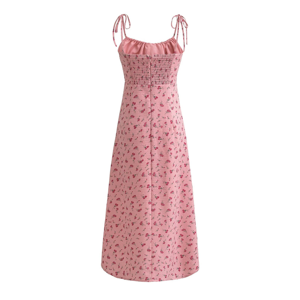 Women's French Sweet Rose Floral Neckline Lace Up Dress