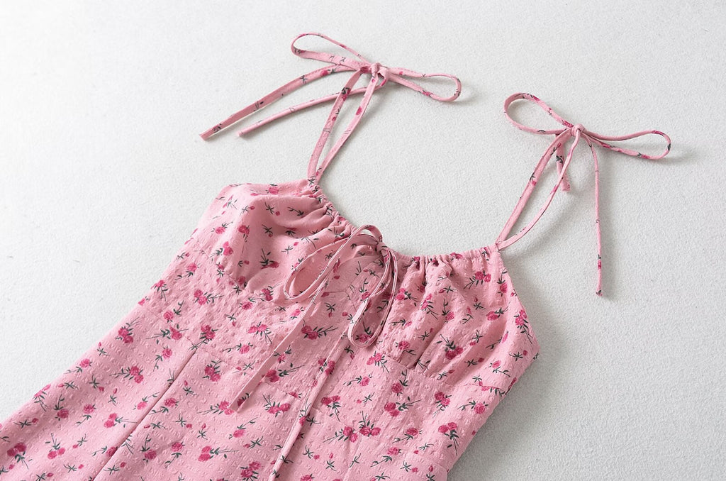 Women's French Sweet Rose Floral Neckline Lace Up Dress