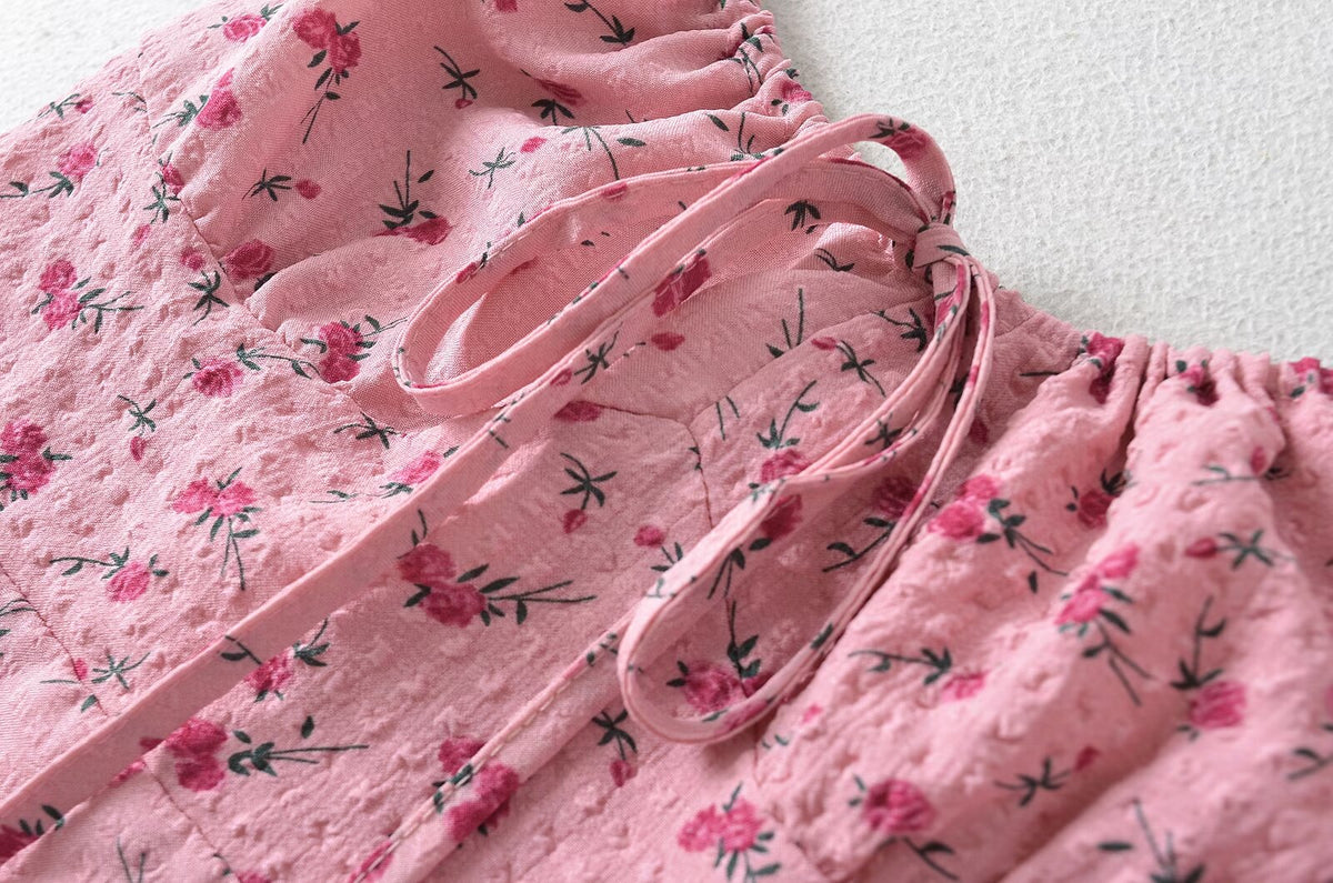 Women's French Sweet Rose Floral Neckline Lace Up Dress