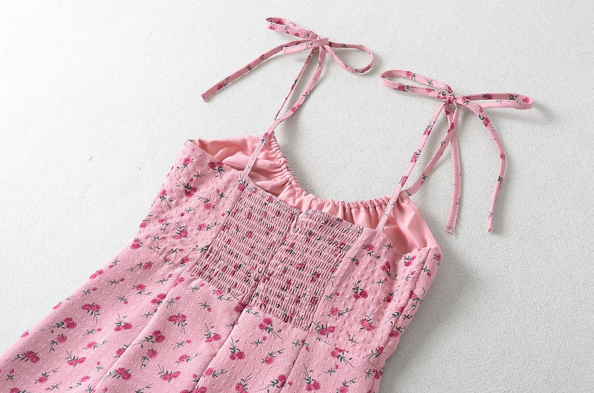 Women's French Sweet Rose Floral Neckline Lace Up Dress
