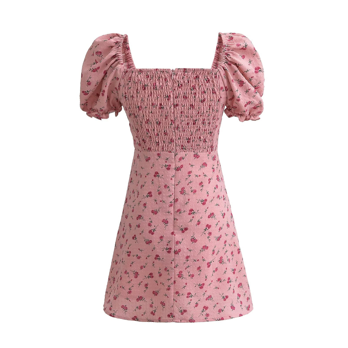 Pink Rose Print Puff-Sleeve Dress