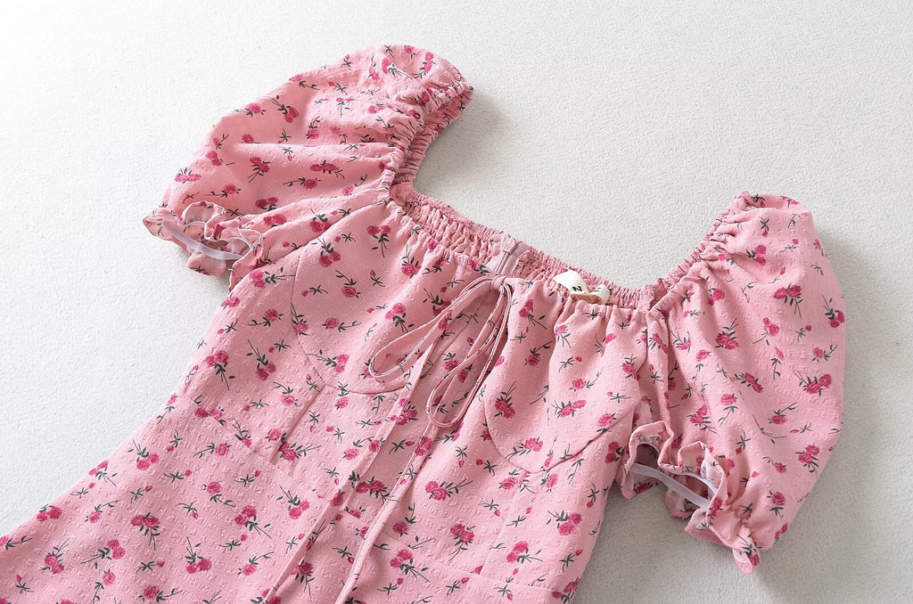 Pink Rose Print Puff-Sleeve Dress