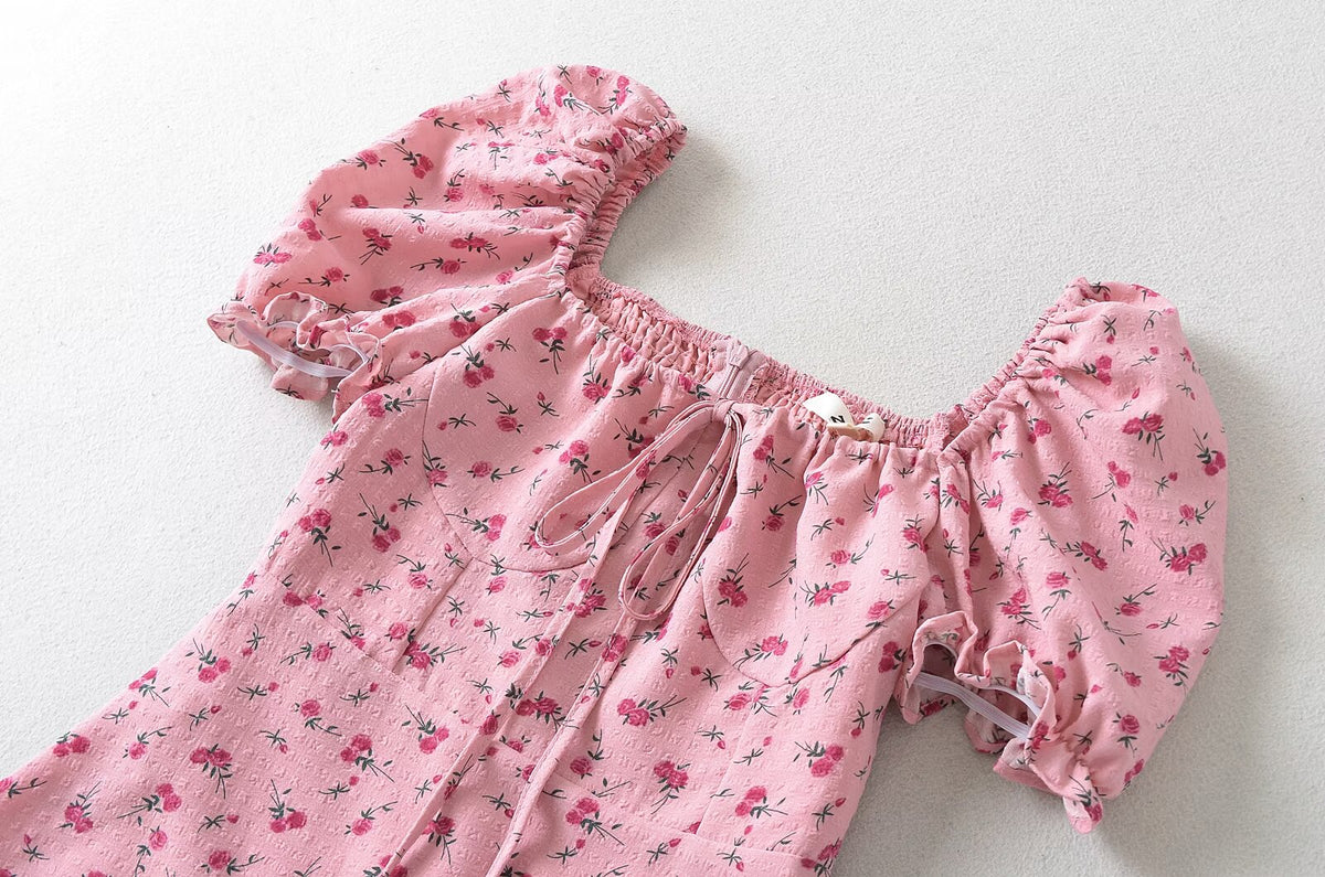 Pink Rose Print Puff-Sleeve Dress