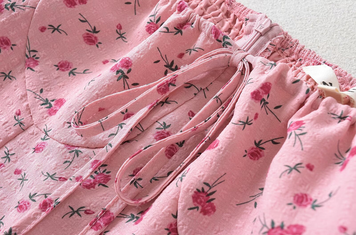 Pink Rose Print Puff-Sleeve Dress