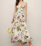 French Vintage Print Lace-Up Midi Dress