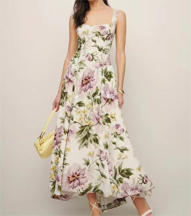 French Vintage Print Lace-Up Midi Dress