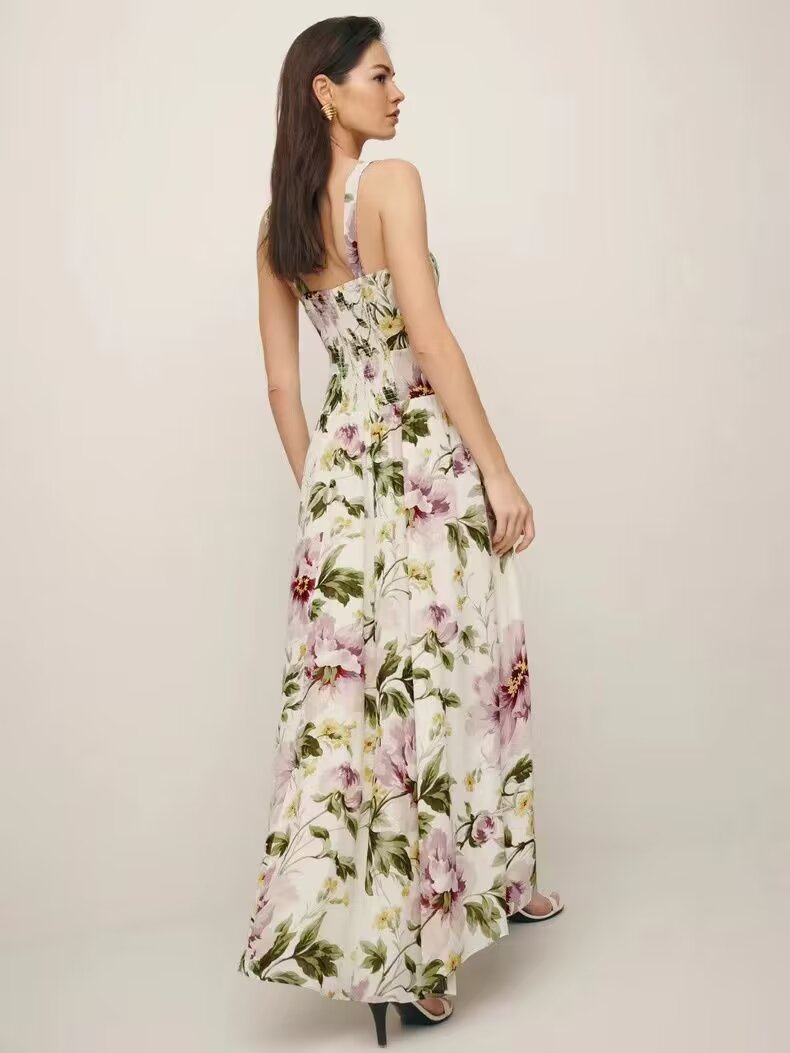 French Vintage Print Lace-Up Midi Dress
