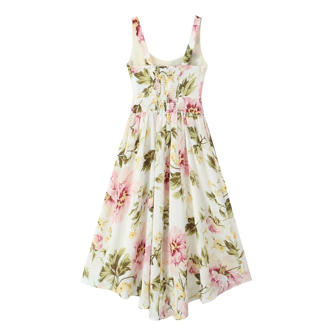 French Vintage Print Lace-Up Midi Dress